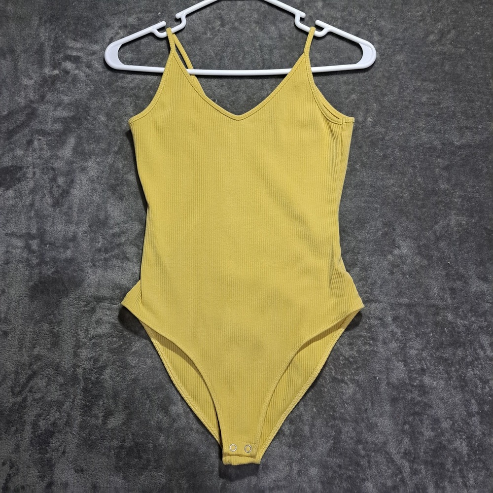 American Eagle Mustard Yellow Ribbed V-Neck Bodysuit Small Sleeveless Snap Base